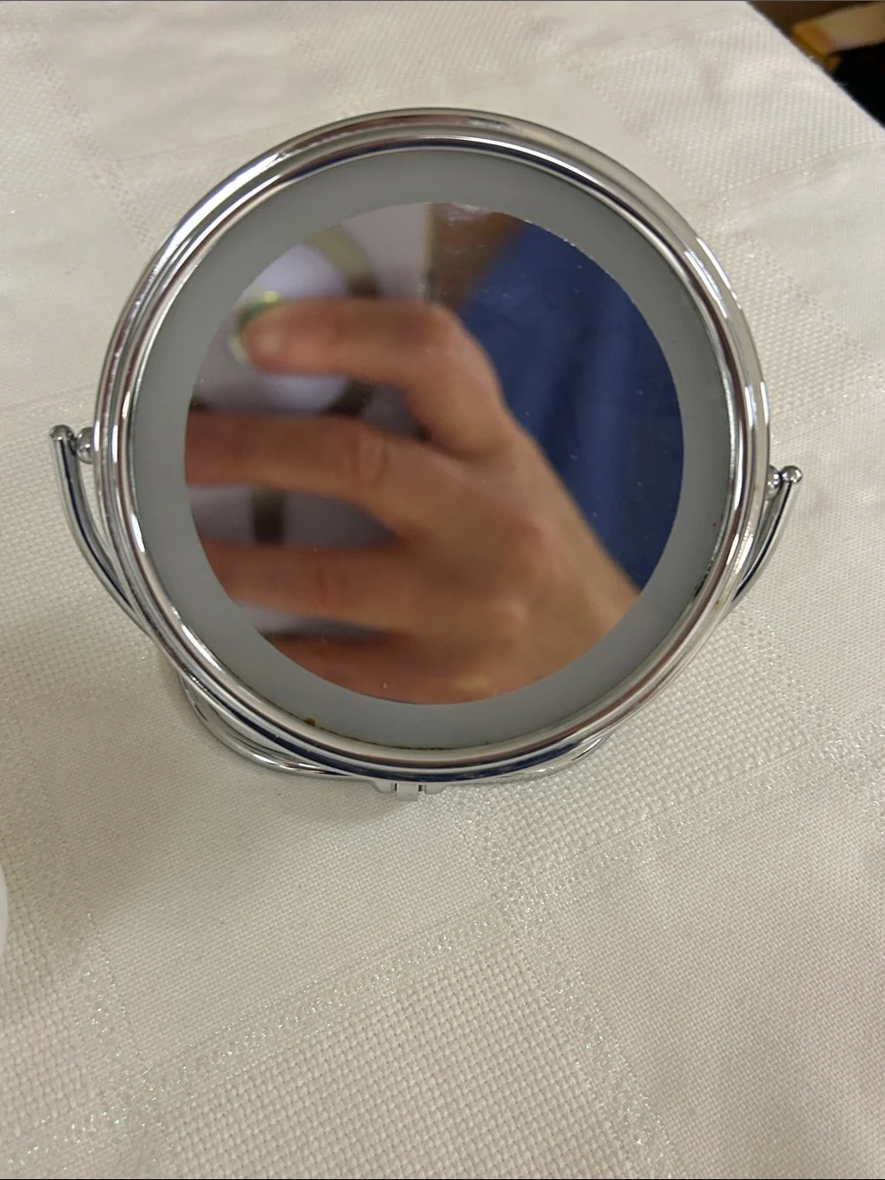 Compact Round Makeup Mirror & White Glass Soap Dispenser